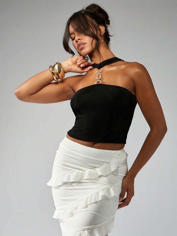 missguided MISSGUIDED Chain Embellished Sleeveless One Shoulder Crop Top