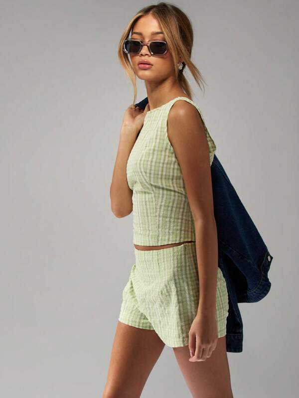 missguided MISSGUIDED Check Print Sleeveless Top High-Rise Shorts Two-Piece Set