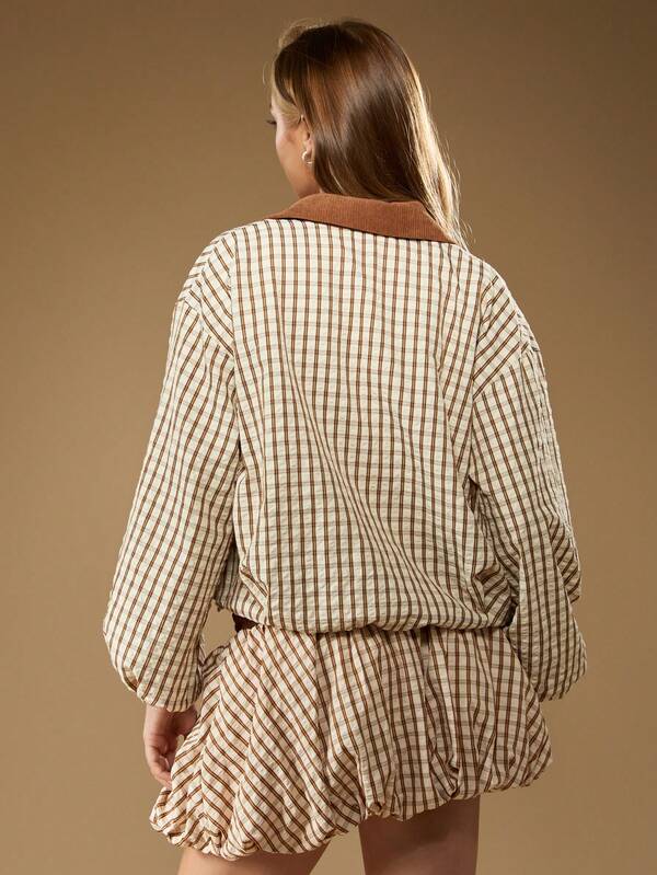 Missguided MISSGUIDED Checked Bomber Jacket With Corduroy Collar And Balloon Sleeves