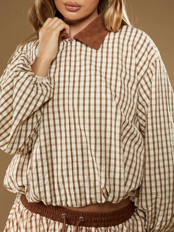 Missguided MISSGUIDED Checked Bomber Jacket With Corduroy Collar And Balloon Sleeves