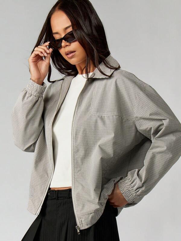 Missguided MISSGUIDED Checker Print Bomber Jacket With Zip Front And Collar