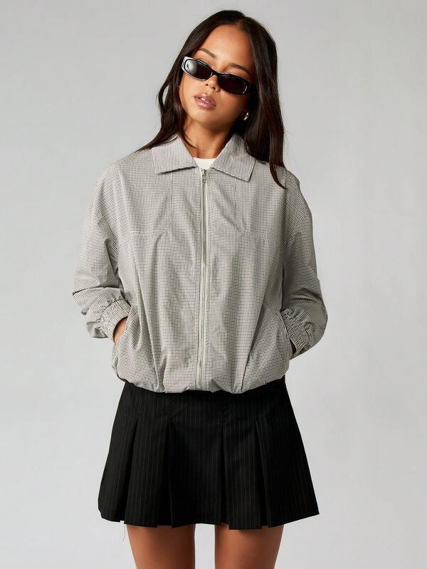 missguided MISSGUIDED Checker Print Bomber Jacket With Zip Front And Collar