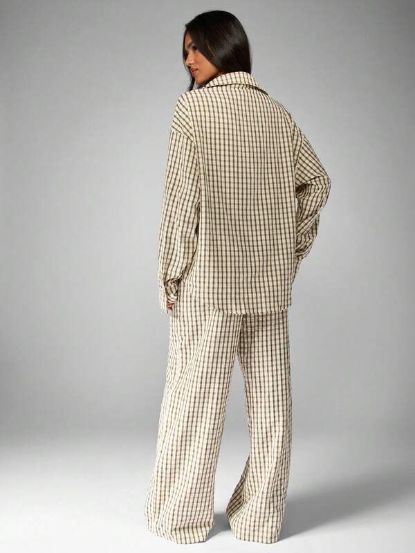Missguided MISSGUIDED Checkered Linen Feel Shirt With Wide Leg Pants