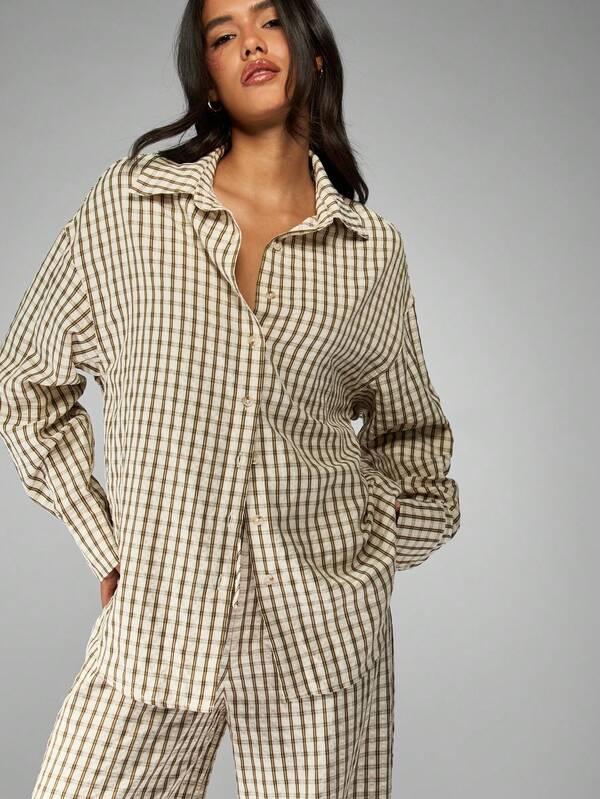 Missguided MISSGUIDED Checkered Linen Feel Shirt With Wide Leg Pants