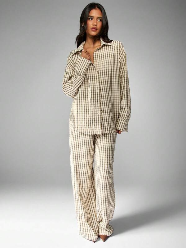 Missguided MISSGUIDED Checkered Linen Feel Shirt With Wide Leg Pants