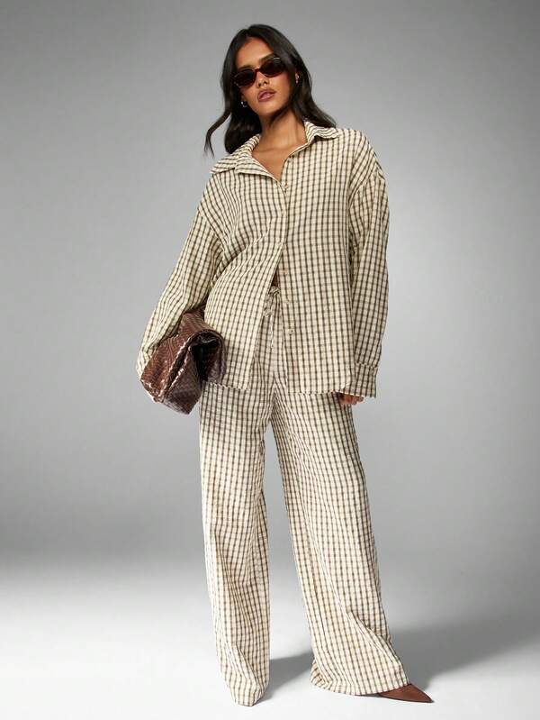 missguided MISSGUIDED Checkered Linen Feel Shirt With Wide Leg Pants