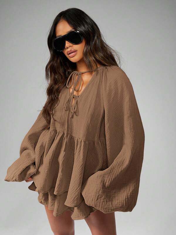 missguided MISSGUIDED Cheesecloth Balloon Sleeve Ruffle Tiered Blouse Floaty Shorts Two-Piece Outfits