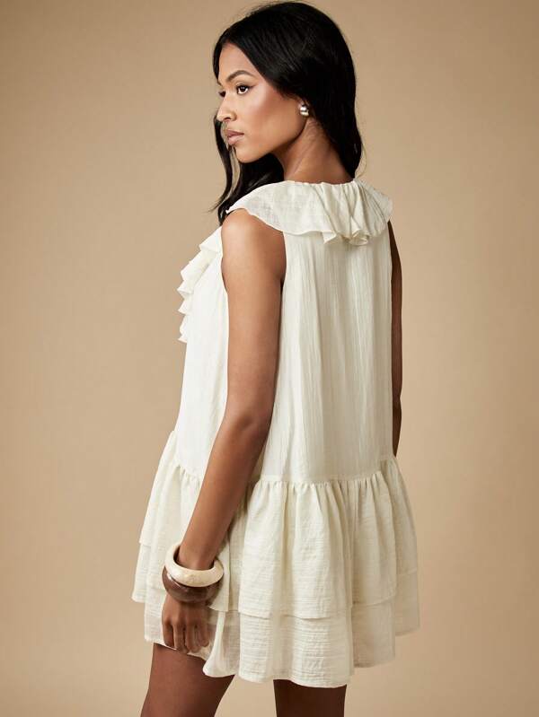 Missguided MISSGUIDED Cheesecloth Ruffle Collar Tiered Sleeveless Mini Dress With Pockets