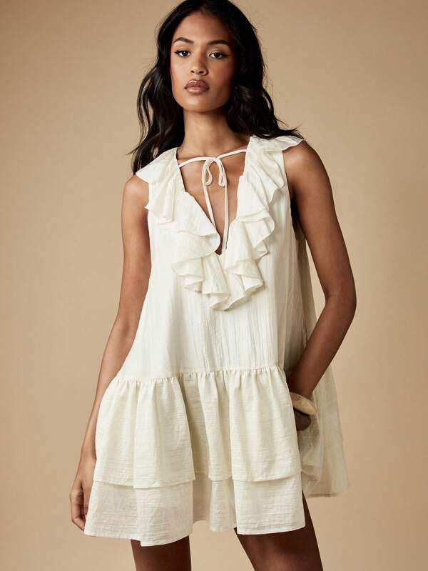 missguided MISSGUIDED Cheesecloth Ruffle Collar Tiered Sleeveless Mini Dress With Pockets