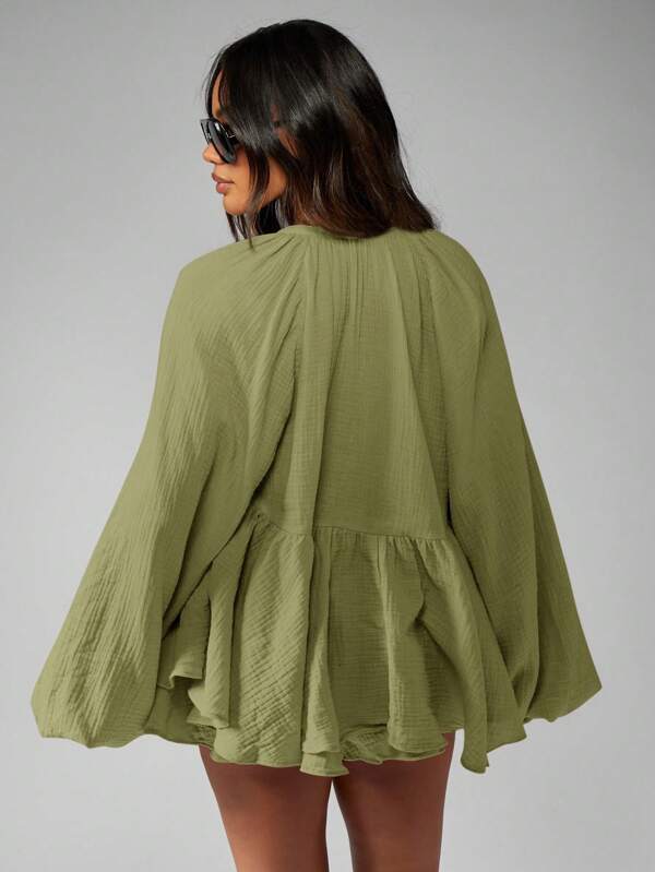 Missguided MISSGUIDED Cheesecloth Tie Front Blouse And Ruffle Shorts Set