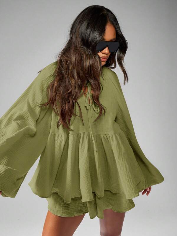 Missguided MISSGUIDED Cheesecloth Tie Front Blouse And Ruffle Shorts Set