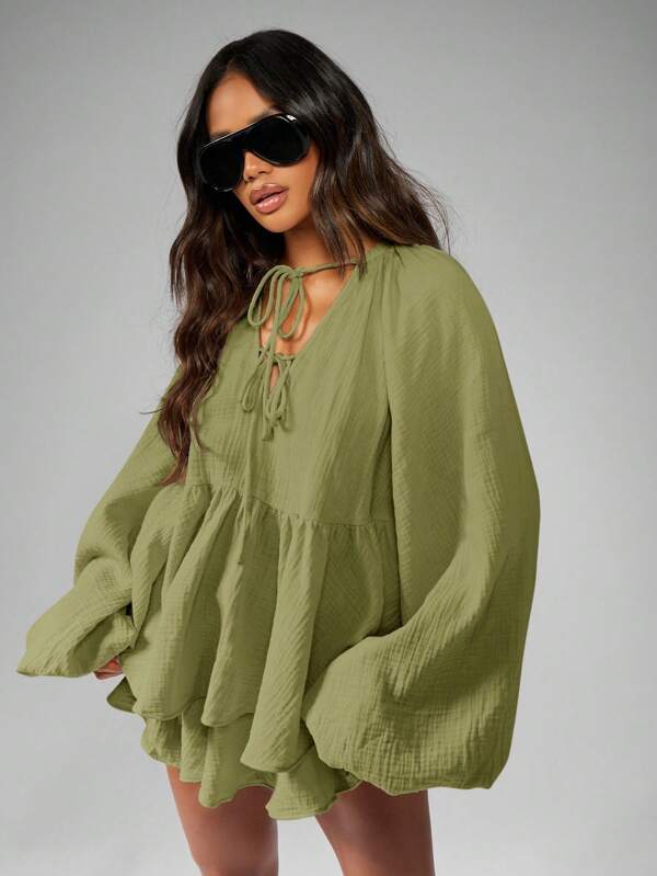 missguided MISSGUIDED Cheesecloth Tie Front Blouse And Ruffle Shorts Set