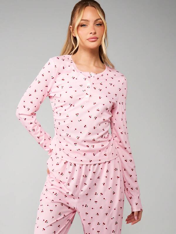 Missguided MISSGUIDED Cherry Pattern Lounge Set With Long Sleeves
