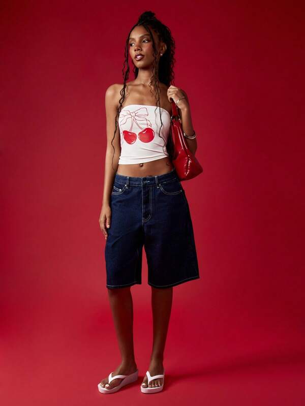 Missguided MISSGUIDED Cherry Print Bandeau Crop Strapless Women Tube Top