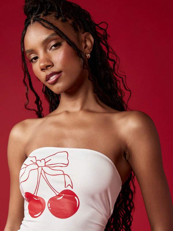 Missguided MISSGUIDED Cherry Print Bandeau Crop Strapless Women Tube Top
