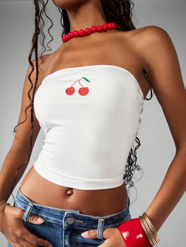 missguided MISSGUIDED Cherry Print Bandeau Crop Top