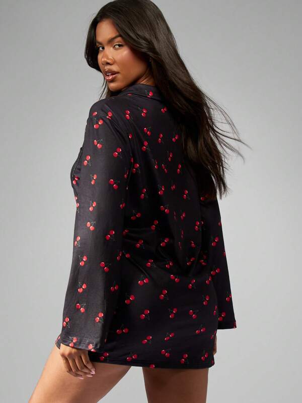 Missguided MISSGUIDED Cherry Print Button Up Mini Dress Long Sleeve Oversized