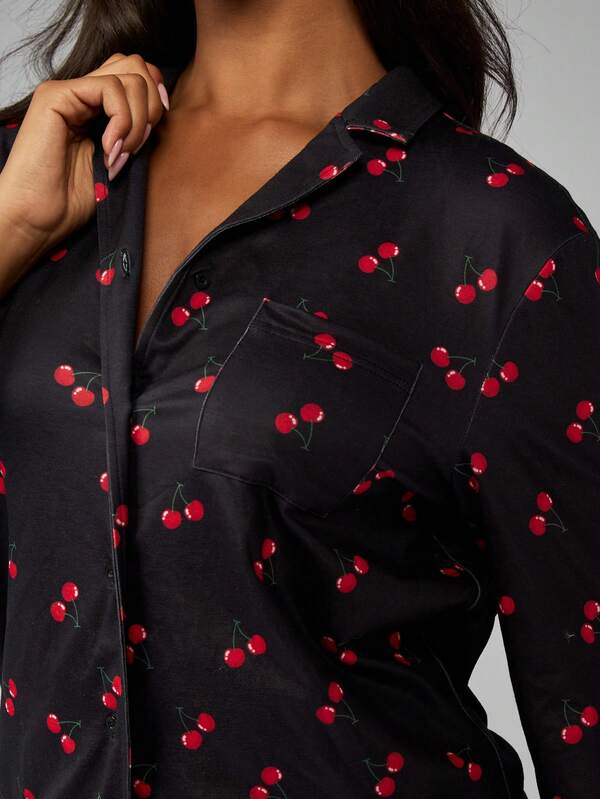 Missguided MISSGUIDED Cherry Print Button Up Mini Dress Long Sleeve Oversized