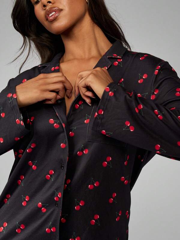 Missguided MISSGUIDED Cherry Print Button Up Mini Dress Long Sleeve Oversized