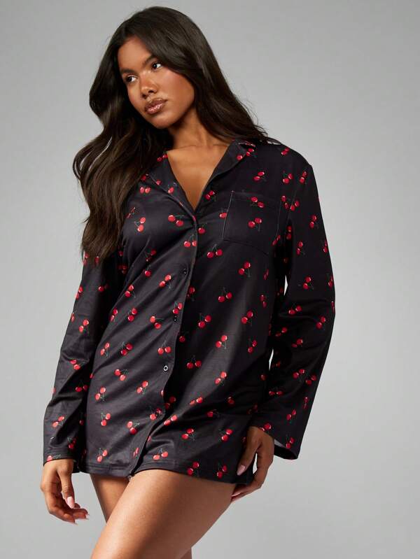 missguided MISSGUIDED Cherry Print Button Up Mini Dress Long Sleeve Oversized