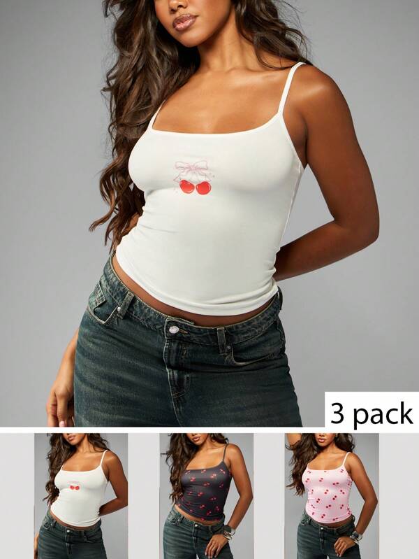 missguided MISSGUIDED Cherry Print Spaghetti Strap 3 Pack Tank Top Camisole
