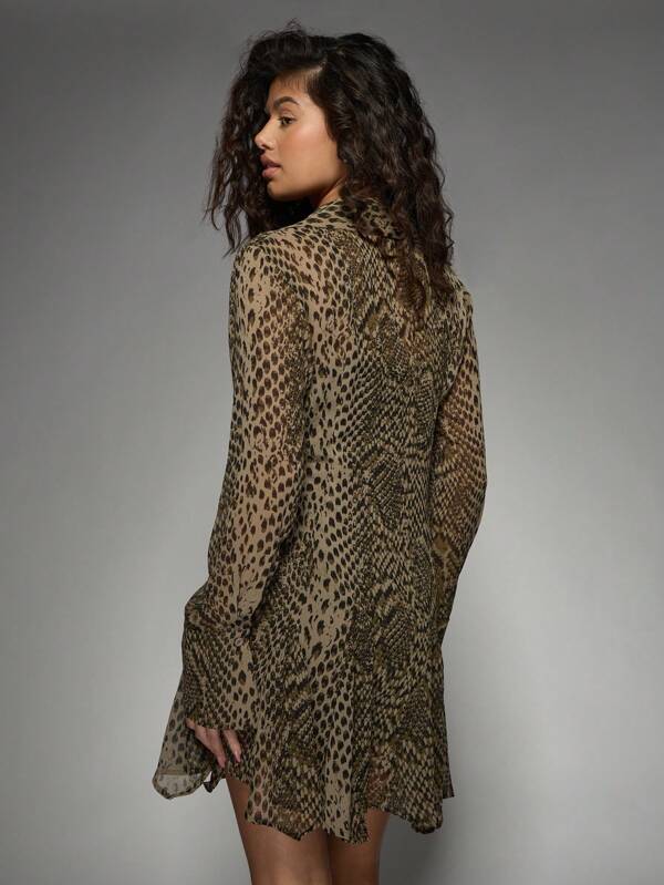 Missguided MISSGUIDED Chic Animal Print Button-Down Long Sleeves Mini Shirt Dress