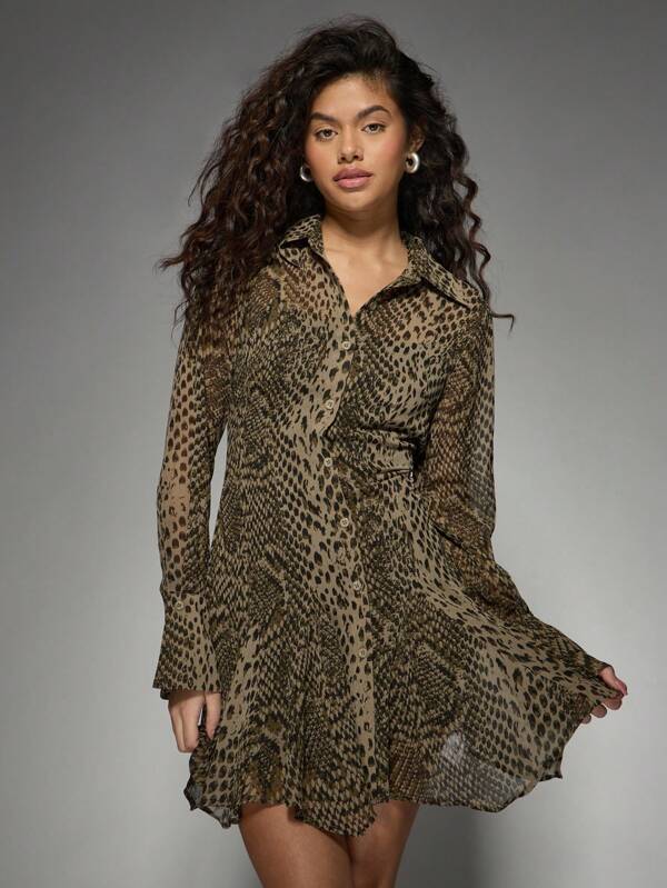 missguided MISSGUIDED Chic Animal Print Button-Down Long Sleeves Mini Shirt Dress