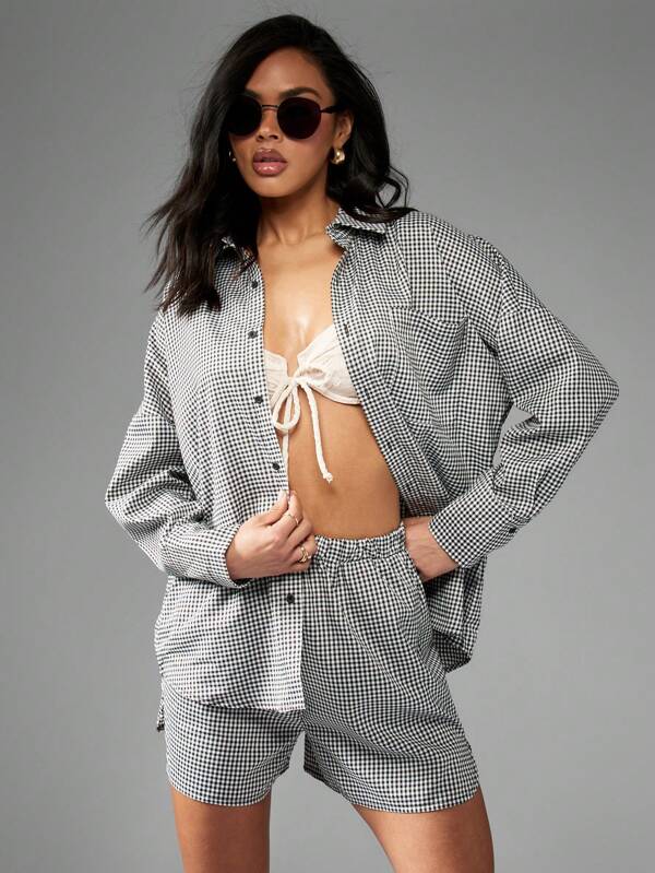missguided MISSGUIDED Chic Gingham Check High Waist Shirt And Shorts Co-Ord Set