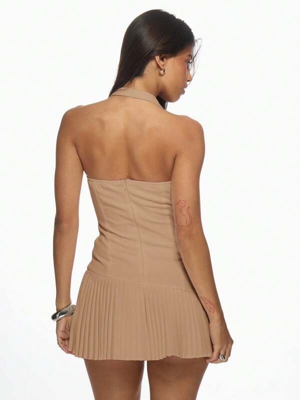 Missguided MISSGUIDED Chic Halter Bodycon Fitted Pleated Skirt Mini Dresses
