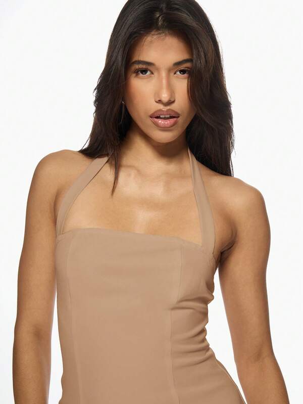 Missguided MISSGUIDED Chic Halter Bodycon Fitted Pleated Skirt Mini Dresses