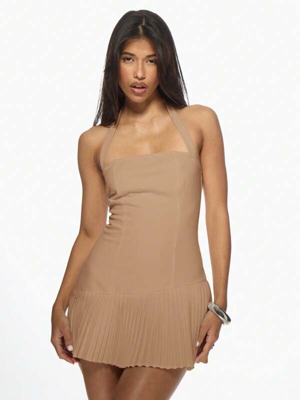 missguided MISSGUIDED Chic Halter Bodycon Fitted Pleated Skirt Mini Dresses