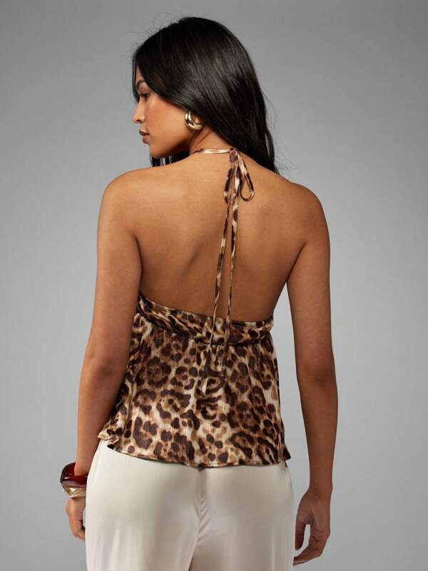 Missguided MISSGUIDED Chic Leopard Print Satin Halter Peplum Women Tops