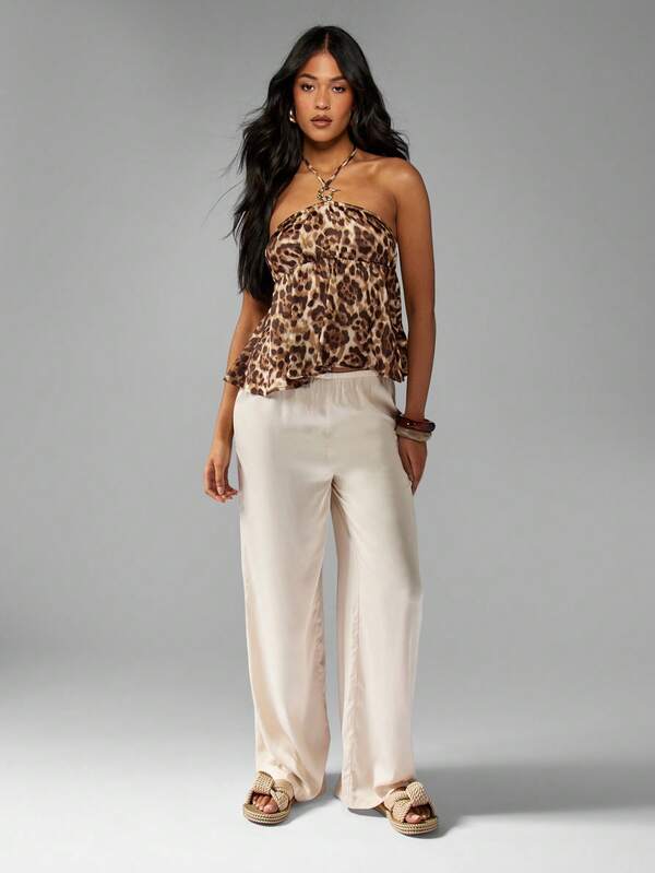 Missguided MISSGUIDED Chic Leopard Print Satin Halter Peplum Women Tops