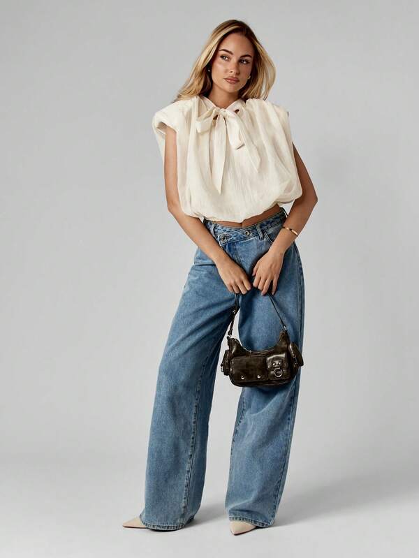Missguided MISSGUIDED Chiffon Balloon Sleeve Blouse With Tie Neck