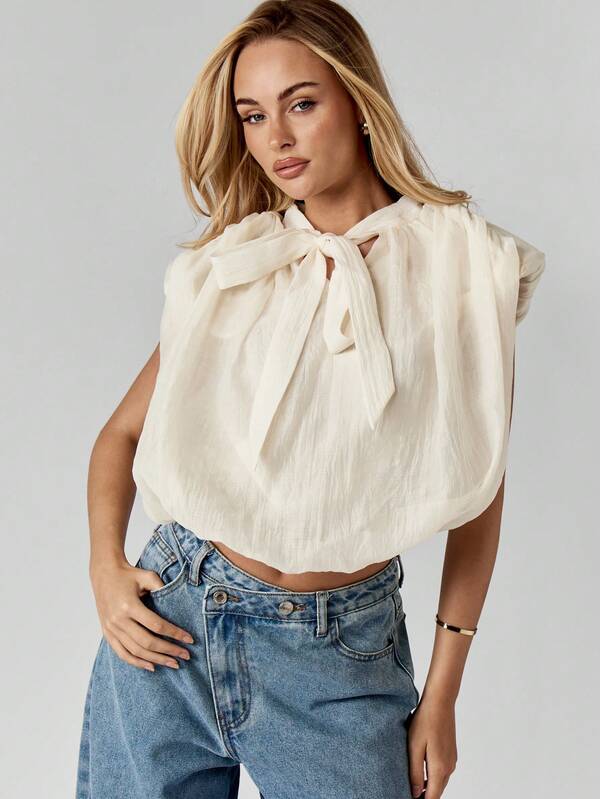 missguided MISSGUIDED Chiffon Balloon Sleeve Blouse With Tie Neck