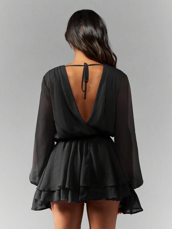 Missguided MISSGUIDED Chiffon Balloon Sleeve Cowl Neck Open Back Ruffled Tiered Skirt Mini Dress