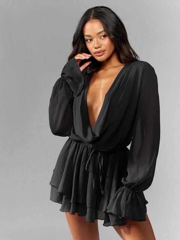 Missguided MISSGUIDED Chiffon Balloon Sleeve Cowl Neck Open Back Ruffled Tiered Skirt Mini Dress