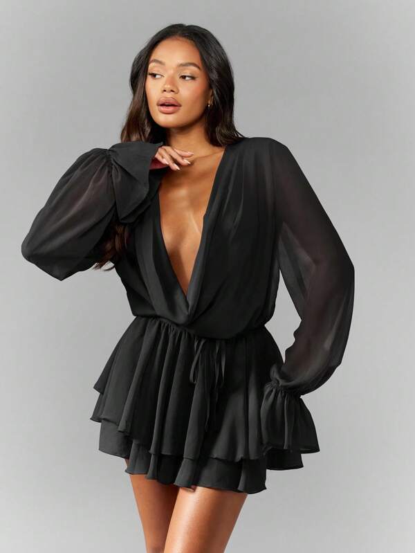 missguided MISSGUIDED Chiffon Balloon Sleeve Cowl Neck Open Back Ruffled Tiered Skirt Mini Dress