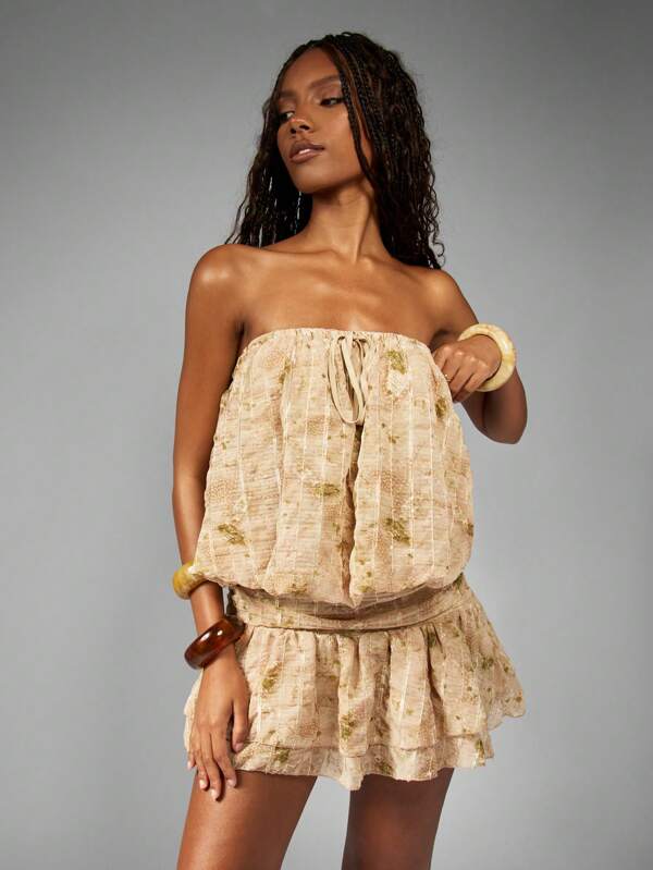 missguided MISSGUIDED Chiffon Bandeau Ruffle Strapless Blouson Mini Dress