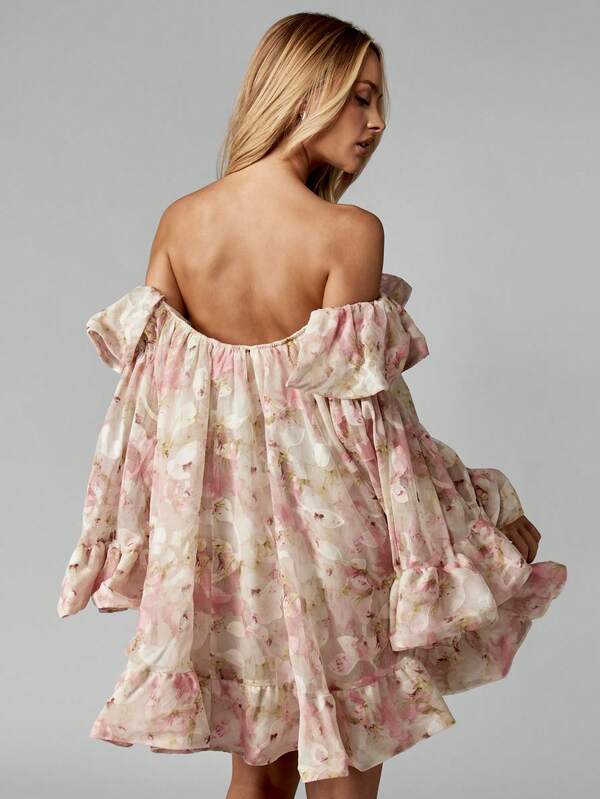 Missguided MISSGUIDED Chiffon Bardot Mini Dress With Ruffle Bell Sleeves