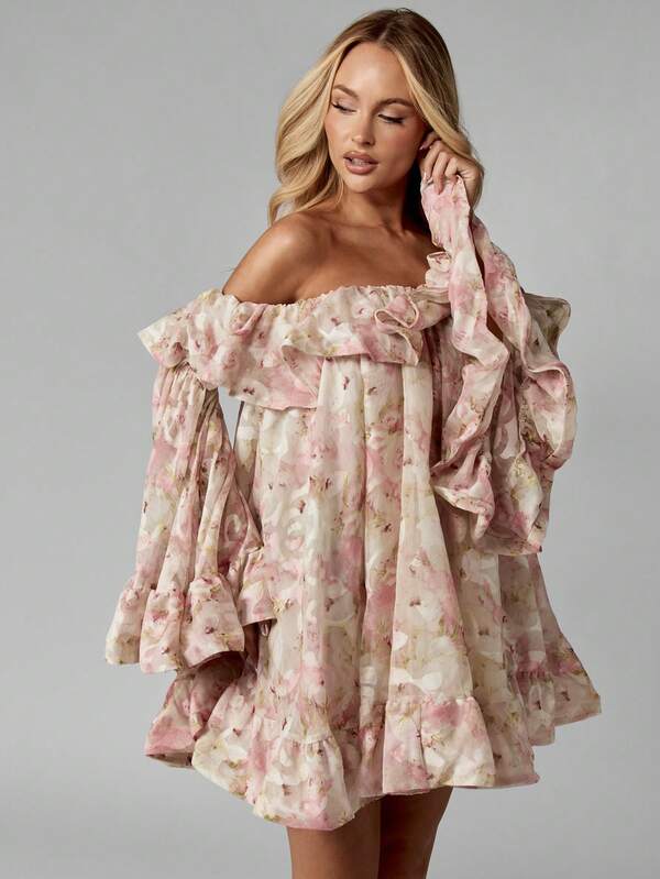 Missguided MISSGUIDED Chiffon Bardot Mini Dress With Ruffle Bell Sleeves