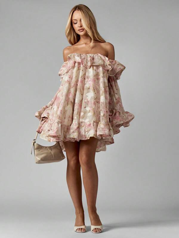 Missguided MISSGUIDED Chiffon Bardot Mini Dress With Ruffle Bell Sleeves