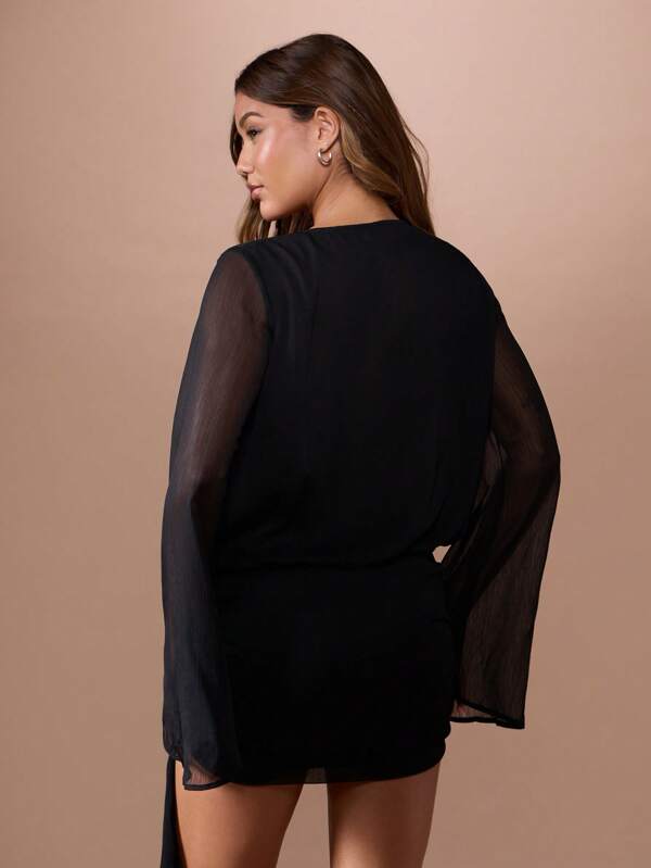 Missguided MISSGUIDED Chiffon Bell Sleeve Wrap Mini Dress With Plunge Neckline