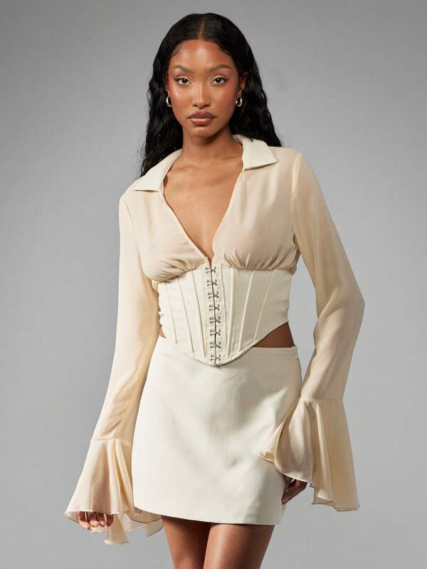 missguided MISSGUIDED Chiffon Blouse Featuring Long Bell Sleeves And Plunge Neck