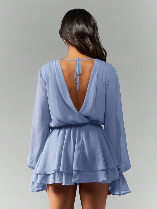 Missguided MISSGUIDED Chiffon Cowl Neck Dress With Puff Sleeves And Ruffle Layers