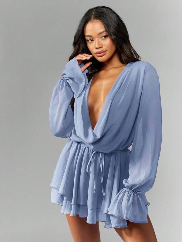 Missguided MISSGUIDED Chiffon Cowl Neck Dress With Puff Sleeves And Ruffle Layers
