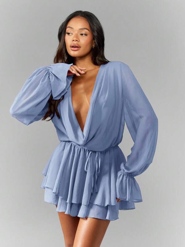 missguided MISSGUIDED Chiffon Cowl Neck Dress With Puff Sleeves And Ruffle Layers