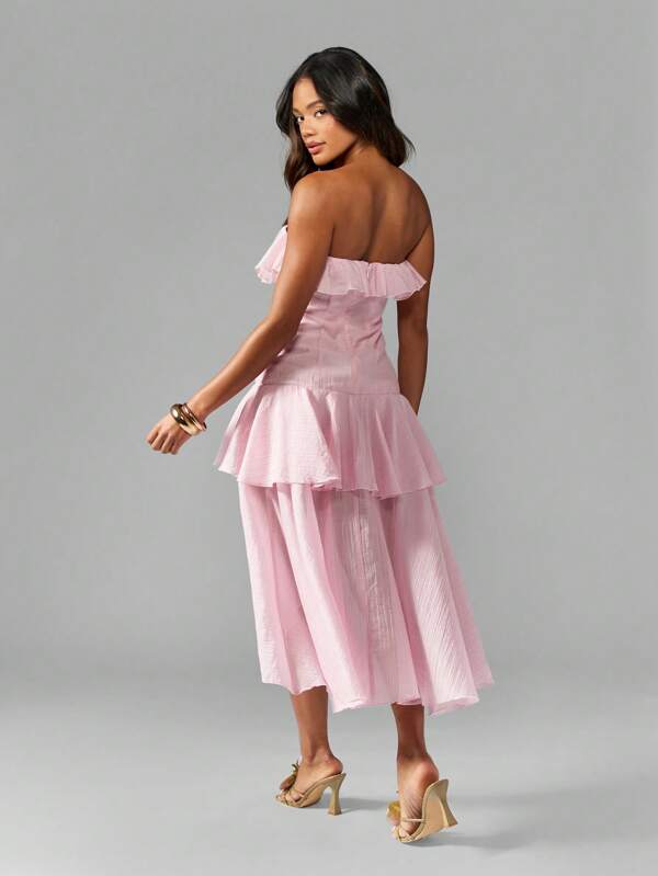 Missguided MISSGUIDED Chiffon Crinkle Strapless Ruffle Midi Dress With High/Low Hem Cute Sundress