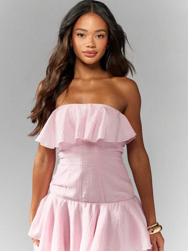 Missguided MISSGUIDED Chiffon Crinkle Strapless Ruffle Midi Dress With High/Low Hem Cute Sundress