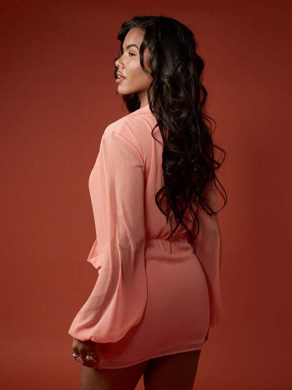 Missguided MISSGUIDED Chiffon Draped Long Sleeve Bishop Sleeve Mini Wrap Dress